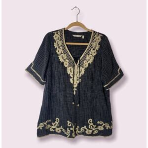 Soft Surroundings Large Black Boho Floral Tassel Embroidered Sahara Tunic Top